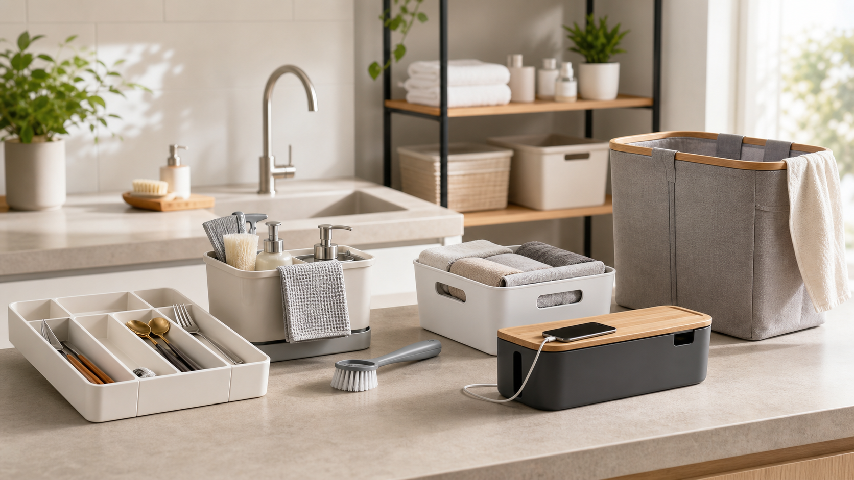 Curated home utility products arranged on a modern counter